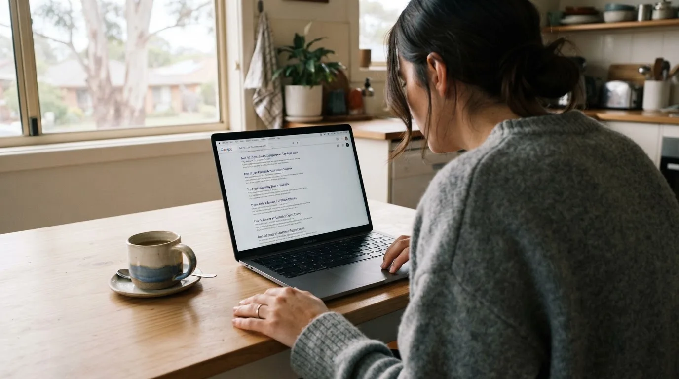 A person sits at a kitchen table, scrolling a laptop showing a general search results page about crypto casino comparisons.