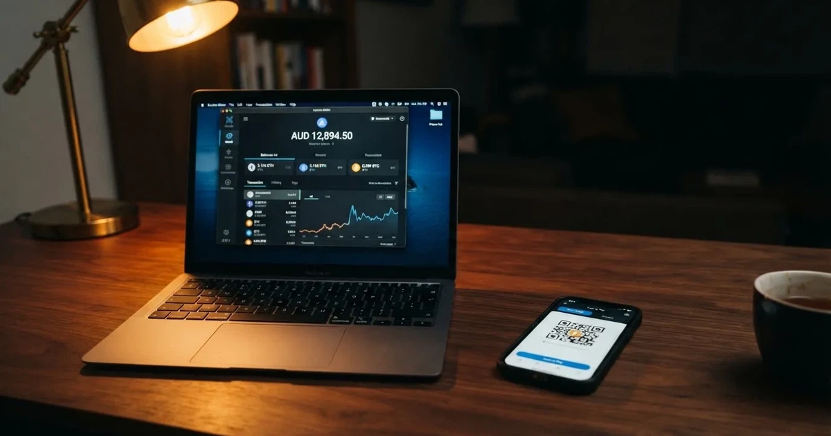 A laptop screen shows a cryptocurrency wallet balance next to a phone displaying a QR code, on a desk at night.