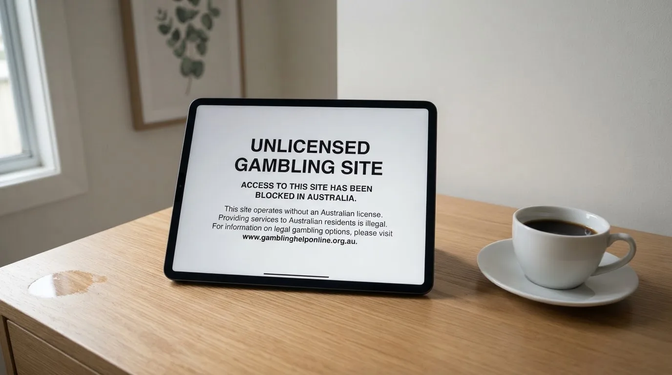 A tablet on a desk displays a plain government-style warning notice page, with a coffee cup beside it.