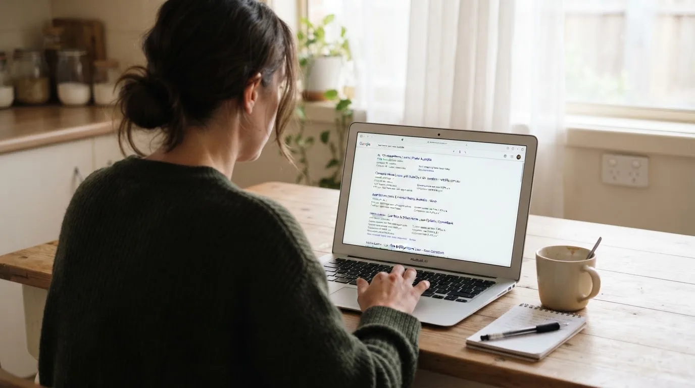 A person sits at a kitchen table, scrolling a laptop showing a general search results page about casino rankings.