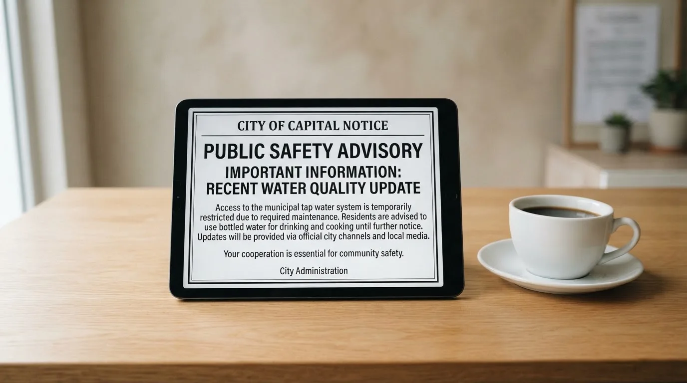 A tablet on a desk displays a plain government-style warning notice page, with a coffee cup beside it.