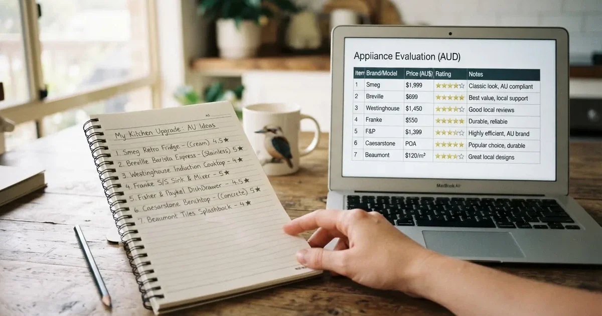 A notepad with a handwritten numbered list sits next to an open laptop showing a comparison table.