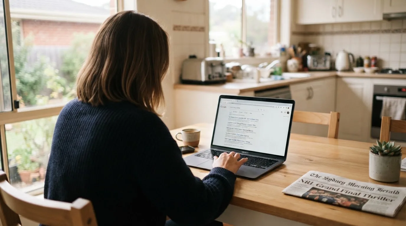 A person sits at a kitchen table, scrolling a laptop showing a general search results page about casino ratings.