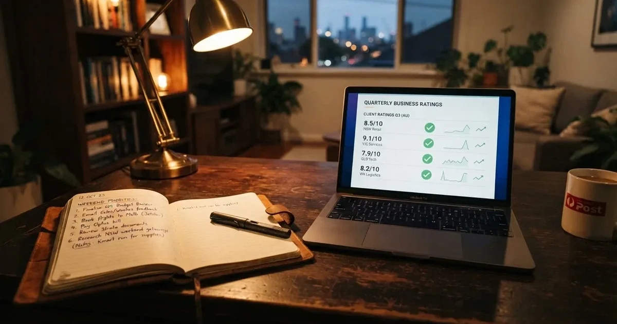 A notepad with a handwritten numbered list sits next to an open laptop showing a comparison table.