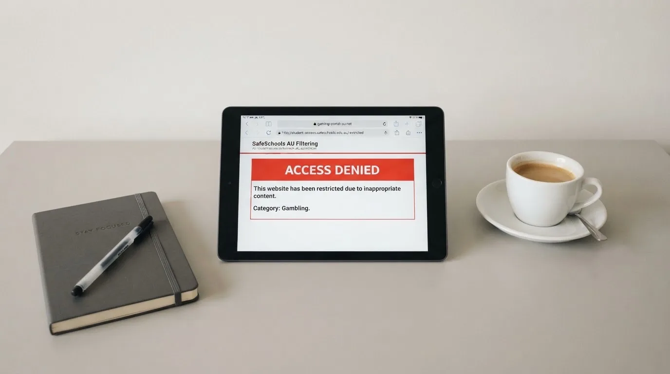 A tablet on a desk displays a plain government-style warning notice page, with a coffee cup beside it.