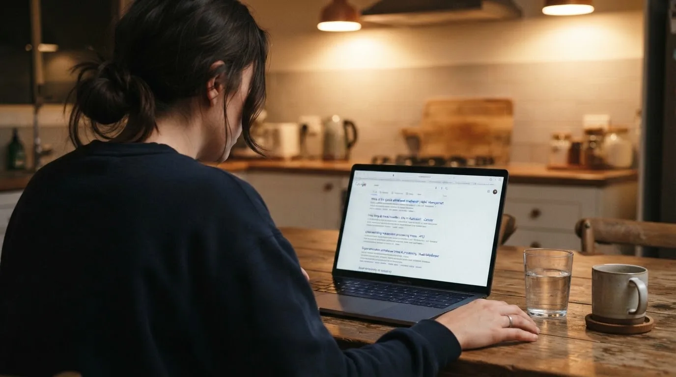 A person sits at a kitchen table, scrolling a laptop showing a general search results page about withdrawal timeframes.