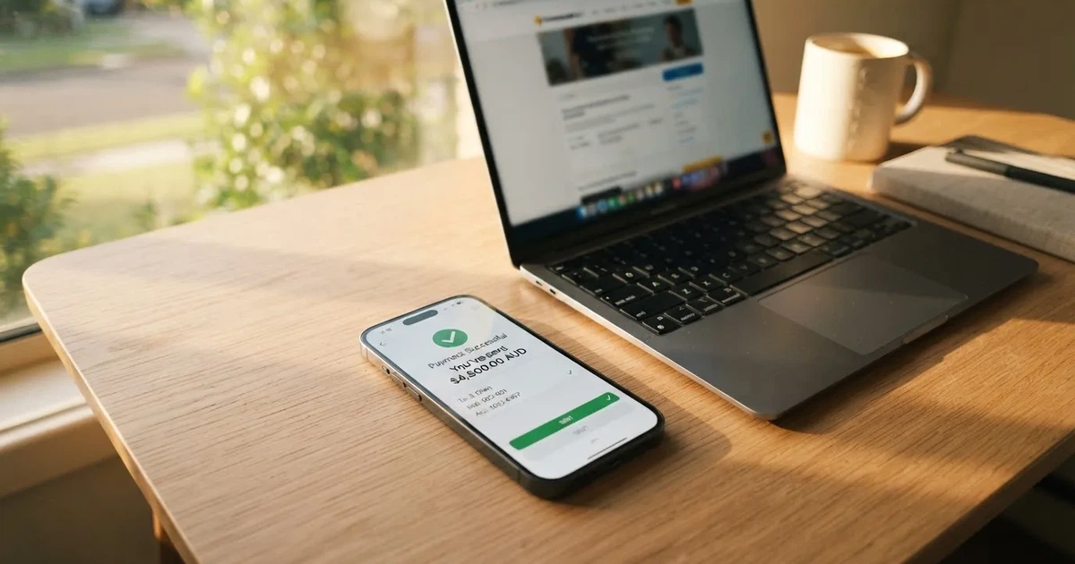Close-up of a smartphone banking app open beside a laptop on a home desk, mid-transfer.