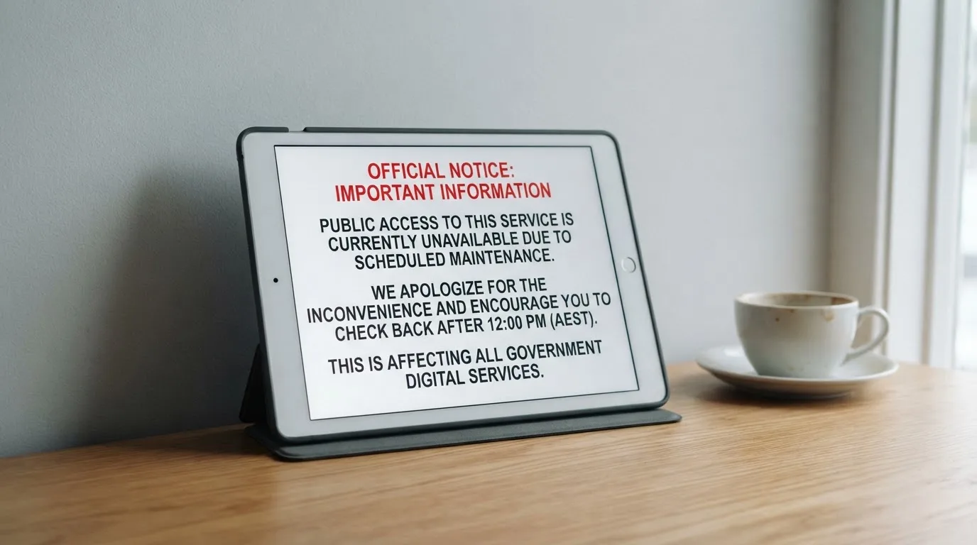 A tablet on a desk displays a plain government-style warning notice page, with a coffee cup beside it.