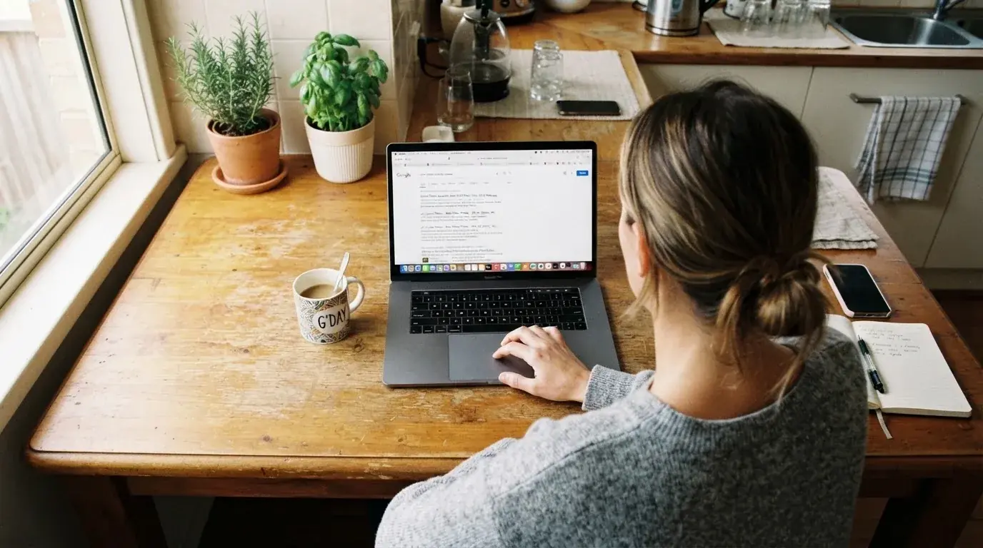 A person sits at a kitchen table, scrolling a laptop showing a general search results page about a review of a pokies site.