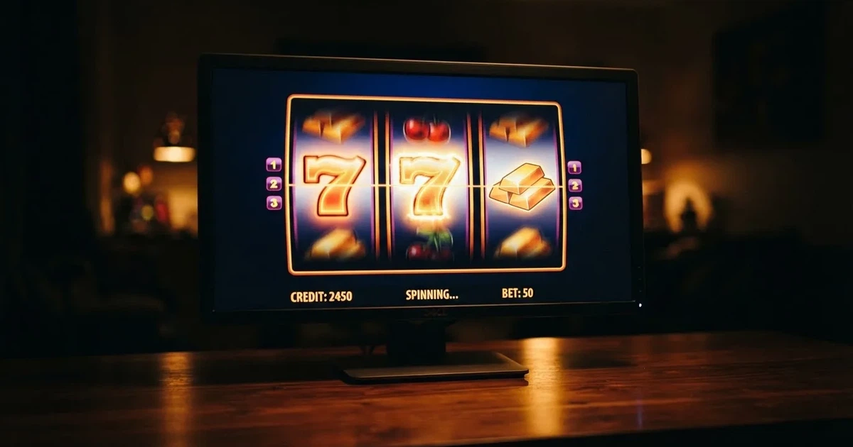A close-up of a slot reel display shown on a monitor, no other windows open.