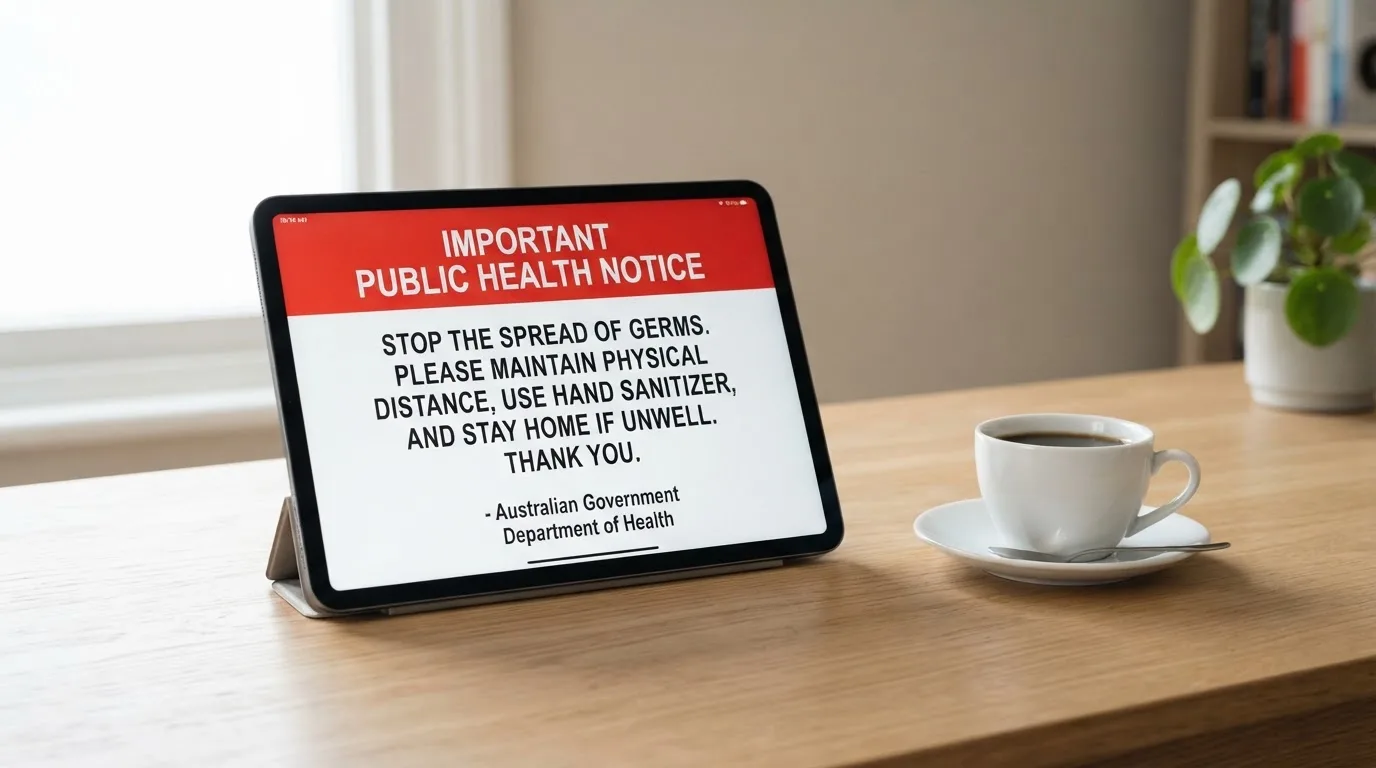 A tablet on a desk displays a plain government-style warning notice page, with a coffee cup beside it.
