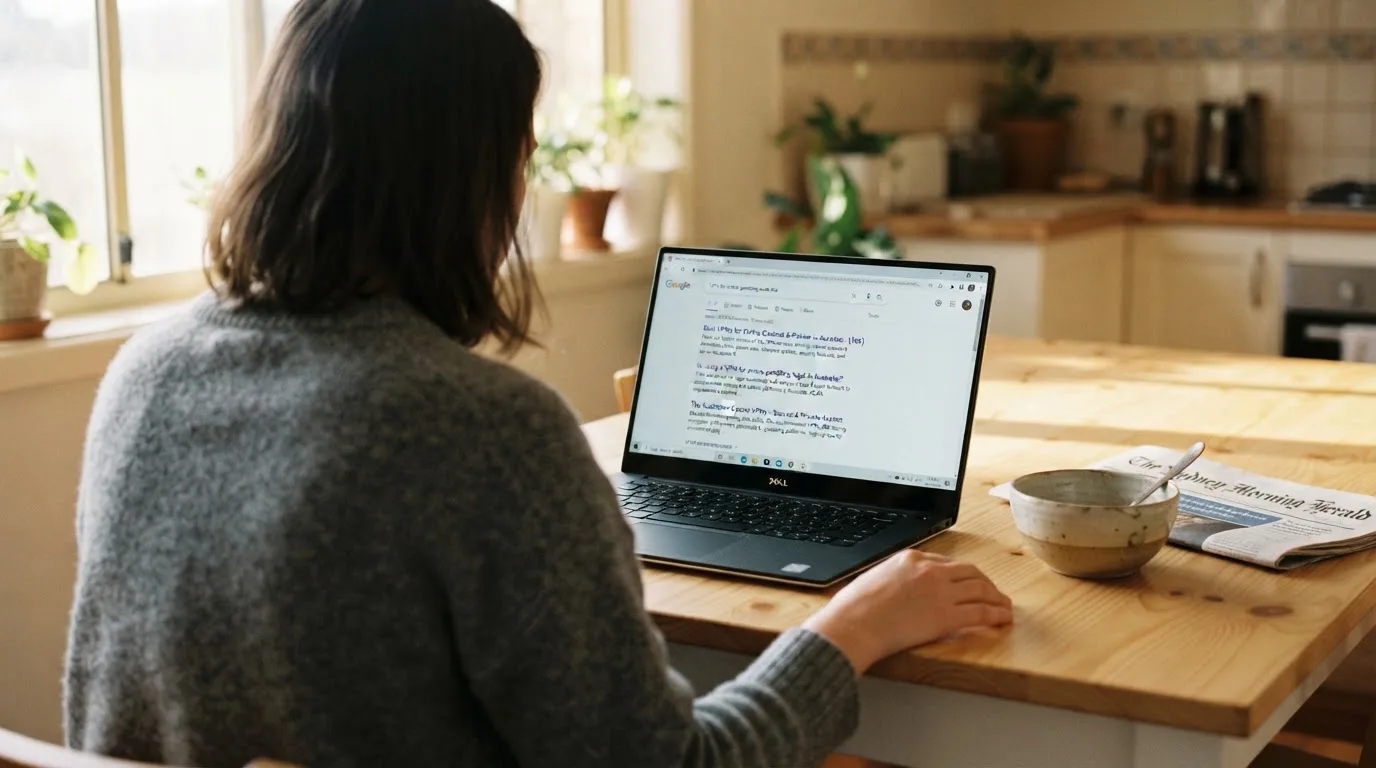 A person sits at a kitchen table, scrolling a laptop showing a general search results page about VPN access claims.