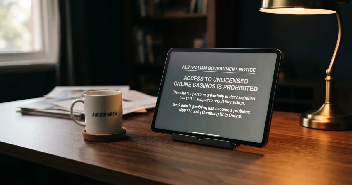 A tablet on a desk displays a plain government-style warning notice page, with a coffee cup beside it.