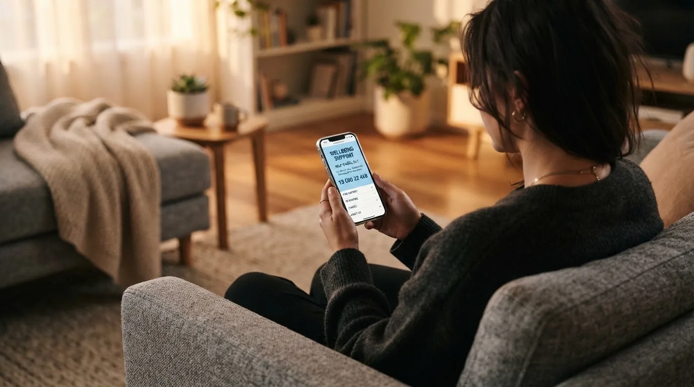 A person looks at a support-helpline page on a phone while sitting alone on a sofa.